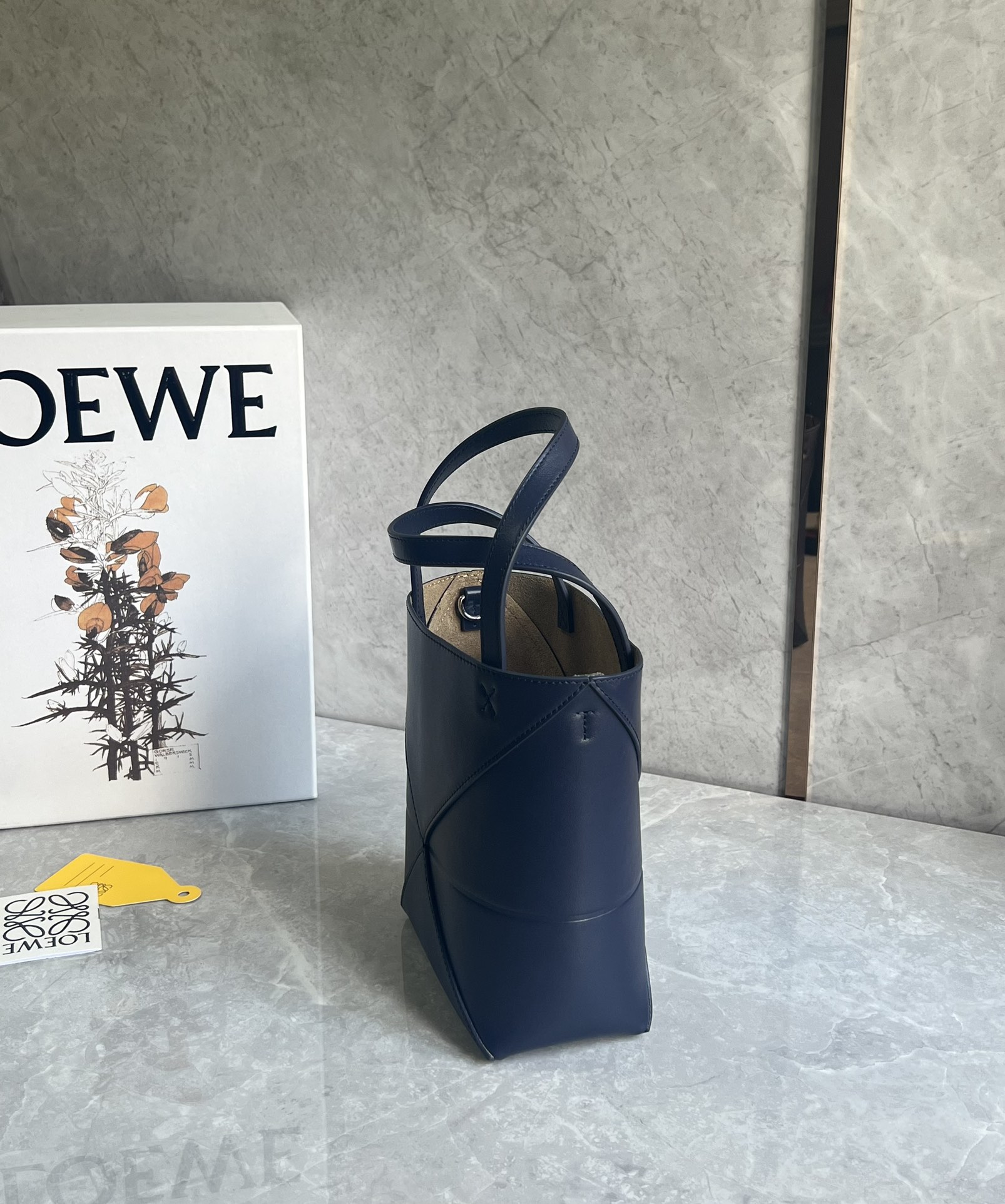 Loewe Mini Puzzle Fold Tote in Shiny Calfskin Dark Blue